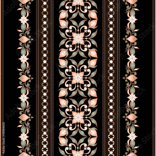 Decorative colored seamless border on black.