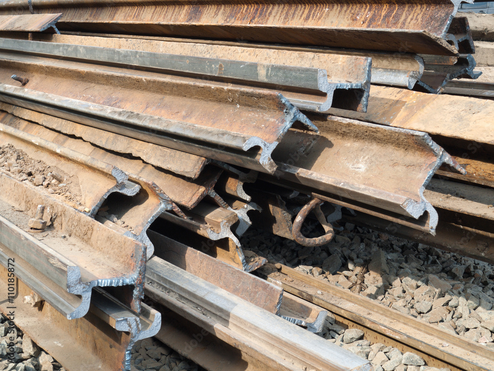 Repair works on replacement of tramways in Moscow, 2016. Cut the old rails, black metal Repair works on replacement of tramways in Moscow, 2016. Cut the old rails, black metal