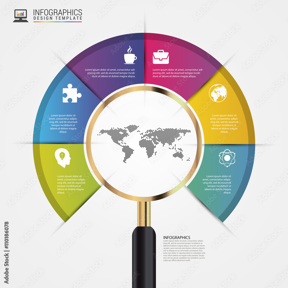 Modern infographic design with magnifier. Vector