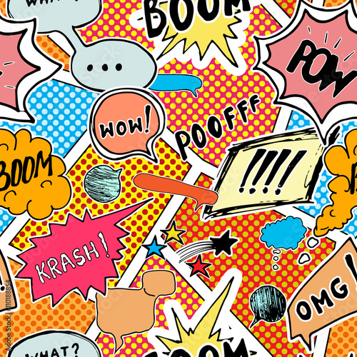 Seamless pattern background with handdrawn comic book speech bubbles, vector illustration