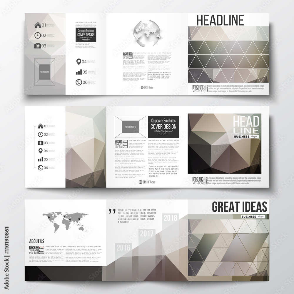 Vector set of tri-fold brochures, square design templates. Abstract blurred background, modern stylish dark vector texture.
