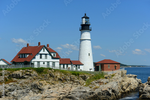 Portland Head Lighthouse and keepers' house in summer, Cape Elizabeth, Maine, USA