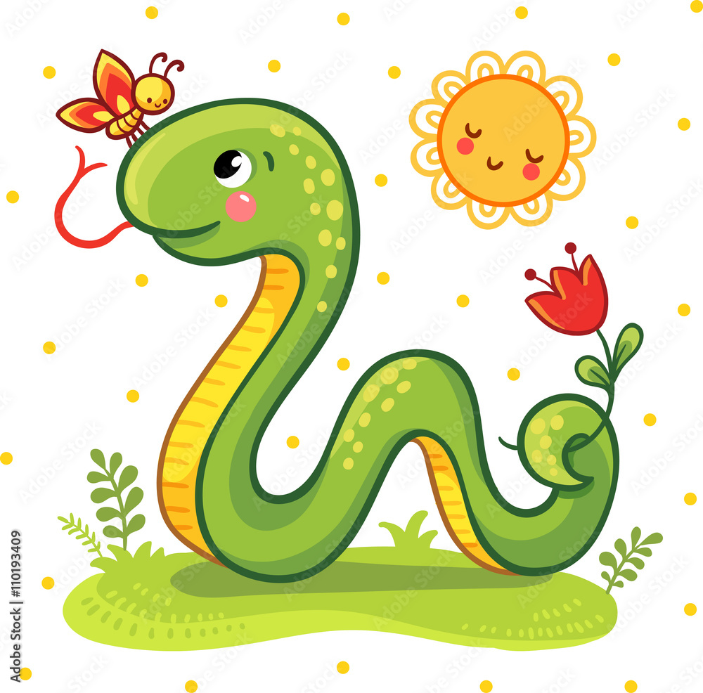 Naklejka premium Vector illustration of a cartoon Snake and a butterfly on the sunny lawn. Cute Snake in vector.