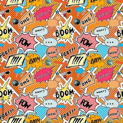 Tapety Bezszwowy deseniowy tło z handdrawn komiks mową gulgocze, wektorowa ilustracja