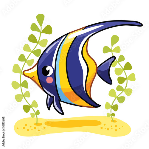 Cute fish zanclus in vector illustration. Tropical reef fish isolated on white background. Kids fish.