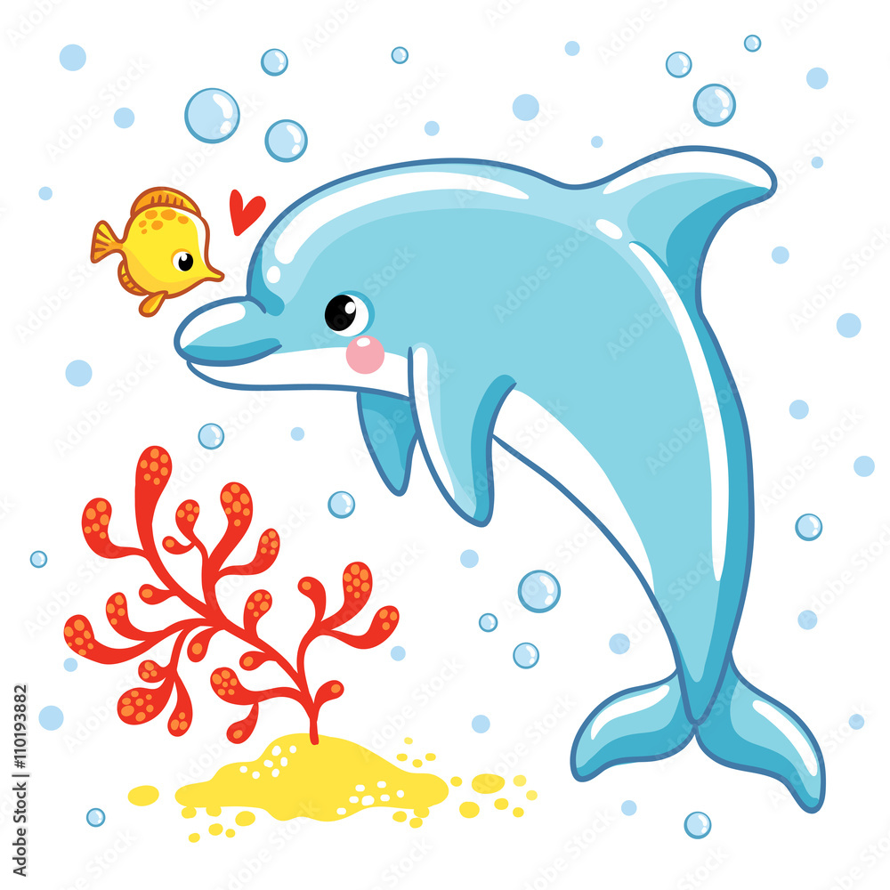Fototapeta premium Cute cartoon dolphin. Love Dolphin on a white background. Vector illustration.