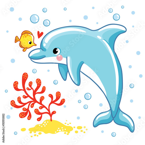 Cute cartoon dolphin. Love Dolphin on a white background. Vector illustration.