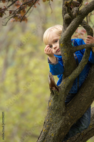 Young boy hugging a tree branch © PaulShlykov