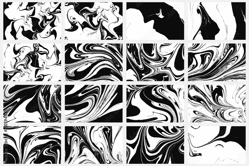 Obraz premium Set of abstract backgrounds. Ink marbling textures. Black and white. Hand drawn marble illustrations, ebru aqua paper and silk prints. Traditional Turkish ebru technique. Painting on water.