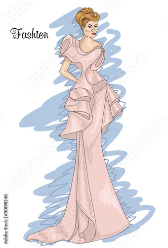 Woman in a long pink dress. Pantone rose quartz.