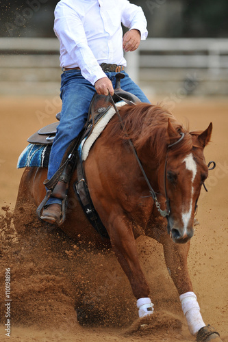 The front view of a rider in cowboy chaps and boots on a horseback running ahead in the dust.