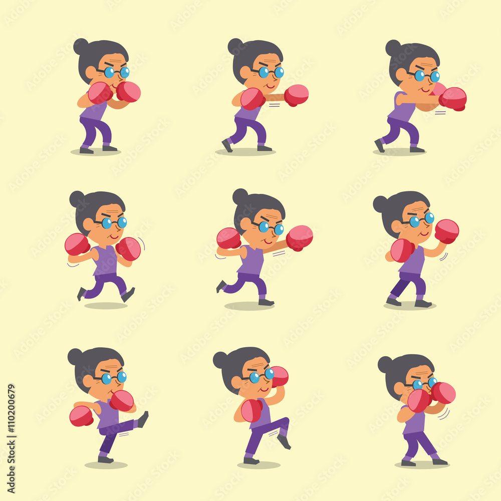 Fototapeta premium Cartoon set of senior woman doing kickboxing workout