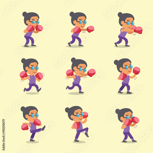 Cartoon set of senior woman doing kickboxing workout