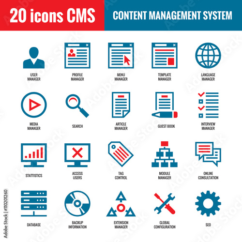 CMS - Content Management System - 20 vector icons. SEO - Search Engine Optimization vector icons. Website internet technology vector icons. Computer vector icons. 
