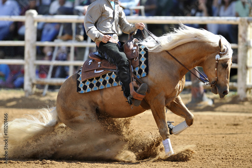 The side view of a rider in cowboy chaps and boots on a horseback running ahead in the dust.