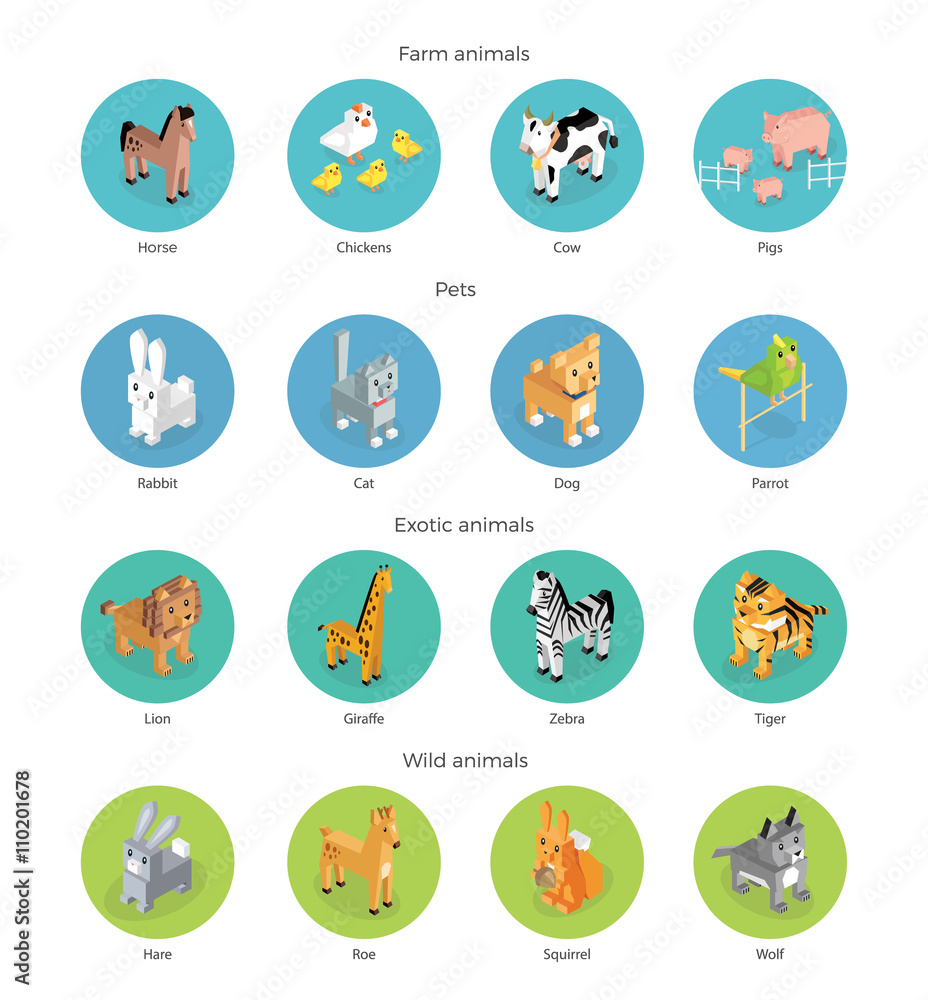Wild Exotic and Farm Animal Set Isometric Wild Exotic and Farm Animal Set Isometric