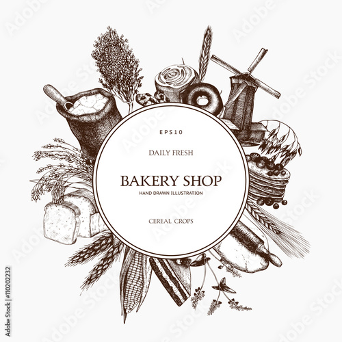 Vector design for bakery or baking shop with hand drawn bread and cereal crops illustration. Vintage bakery sketch template. Farm fresh and locally grown organic products.
