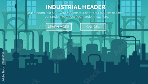 Abstract industrial manufacturing plant scene with ambient light, pipes and machinery. Web template for website header or decoration.