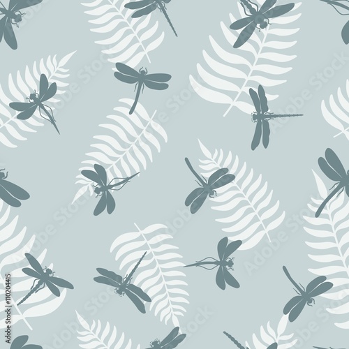 Dragonfly seamless pattern. Background with dragonflies and leaf of ferns. Vector illustration. © alevanda