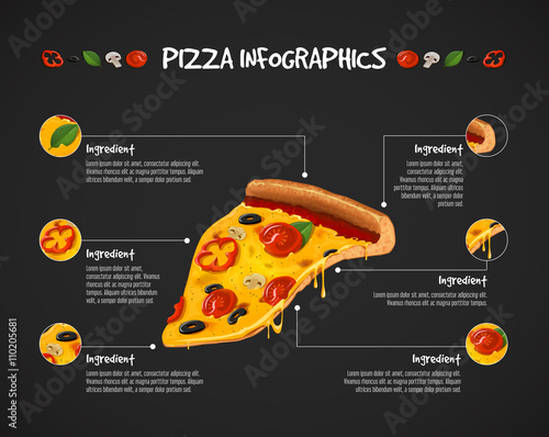 Pizza infographic. Vector slice of cheesy pizza poster ingredien
