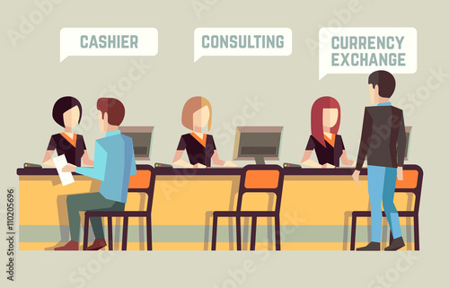 Bank interior with cashier, consulting, currency exchange. Banking vector concept