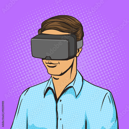 Man and virtual reality device comic book vector