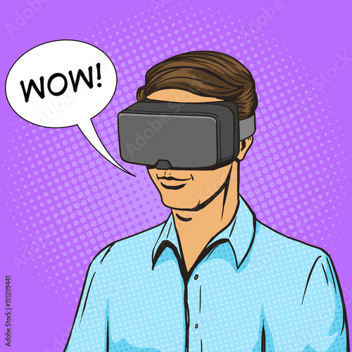 Man and virtual reality device comic book vector