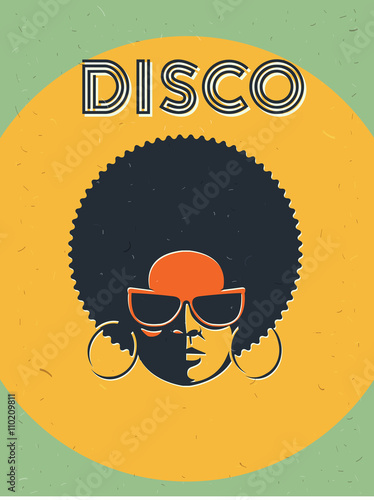 Disco party event flyer. Creative vintage poster. Vector retro style template. Black woman in sunglasses