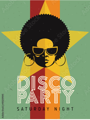 Plakat Impreza ulotki disco party. Kreatywny plakat vintage. Szablon wektor w stylu retro. Czarna kobieta w okularach przeciwsłonecznych.