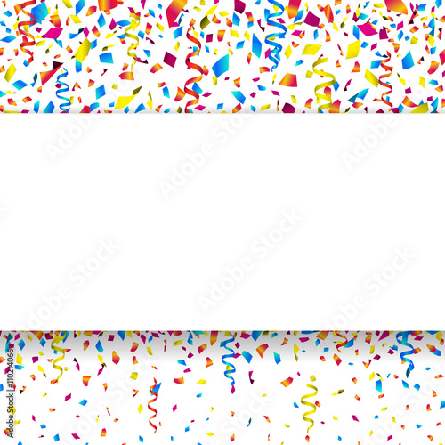 White banner with colorful falling confetti and party ribbons. Vector illustration.