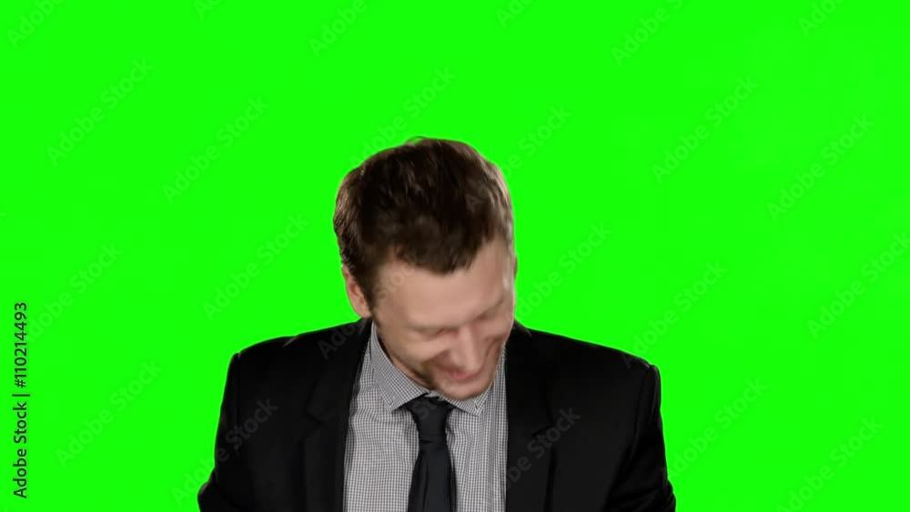 Happy businessmen smiling in camera. Green screen