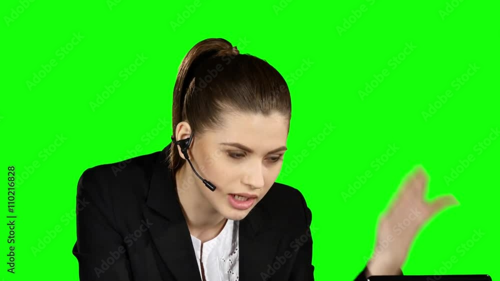 Angry female helpdesk consultant in the office. Green screen Angry female helpdesk consultant in the office. Green screen