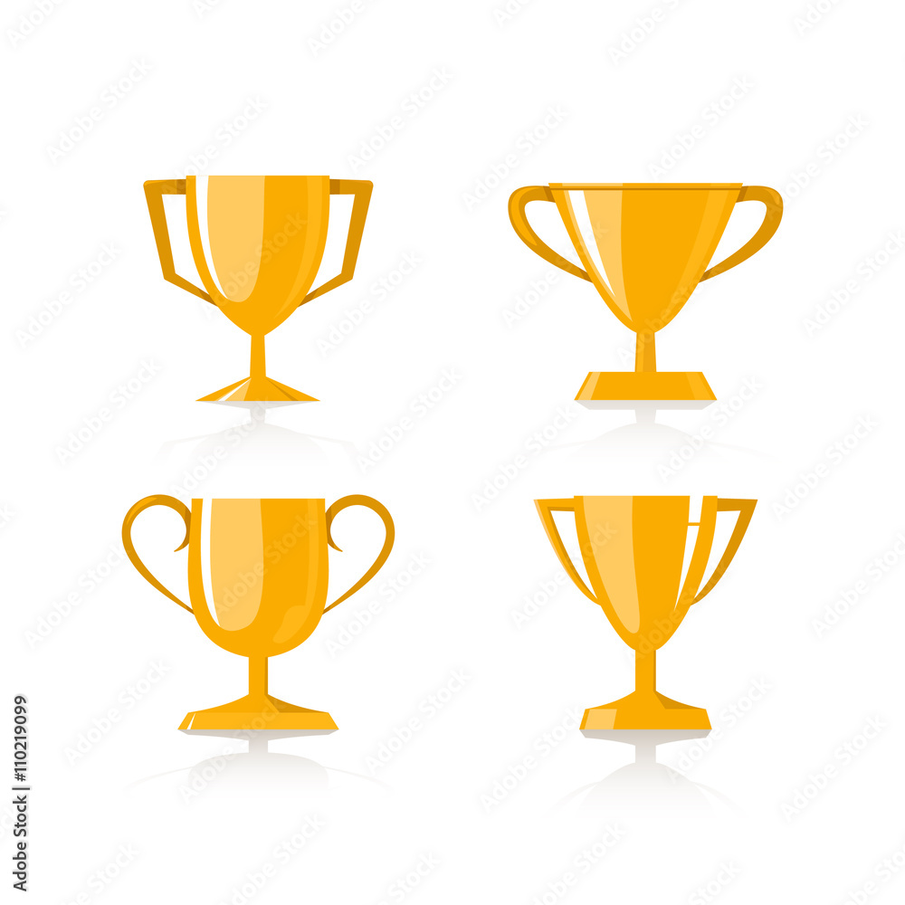 Set of four golden winner cups on grey background. Set of four golden winner cups on grey background.