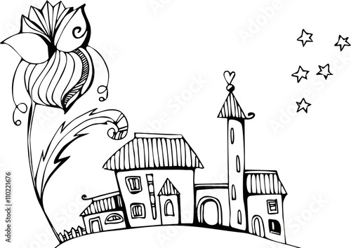 Fairy town under the big flower. Black and white illustration.