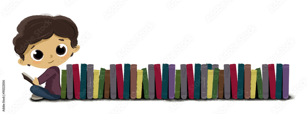Niño leyendo o estudiando. Está junto a muchos libros. Aprender y disfrutar Niño leyendo o estudiando. Está junto a muchos libros. Aprender y disfrutar