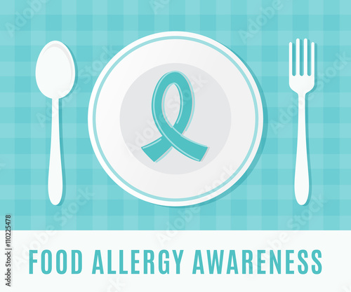 Food Allergy Awareness Teal Ribbon with Plate, Spoon and Fork. 
