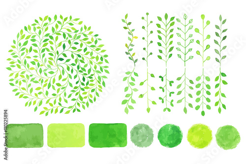 Set of watercolor logotypes. Green leaves, branches, plants elem
