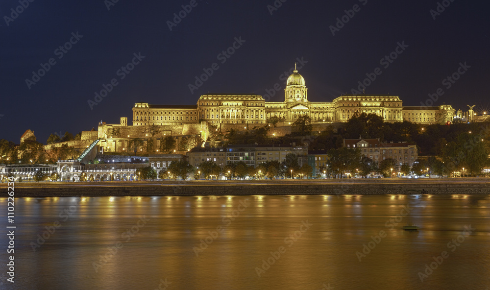 Buda Castle by Danube river at night. Budapest, Hungary. HDR.