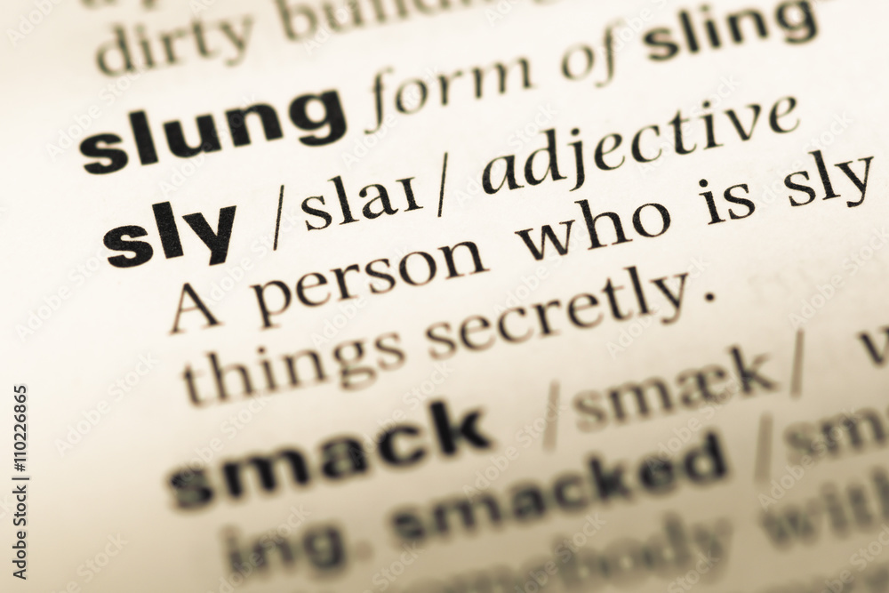 Obraz premium Close up of old English dictionary page with word sly