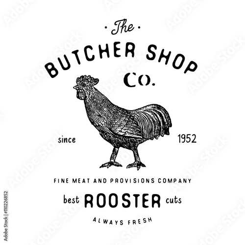 Butcher Shop vintage emblem rooster meat products, butchery Logo template retro style. Vintage Design for Logotype, Label, Badge and brand design. vector illustration isolated on white