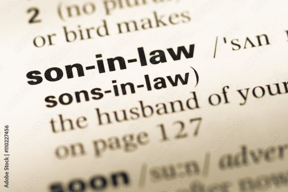 Obraz premium Close up of old English dictionary page with word son in law