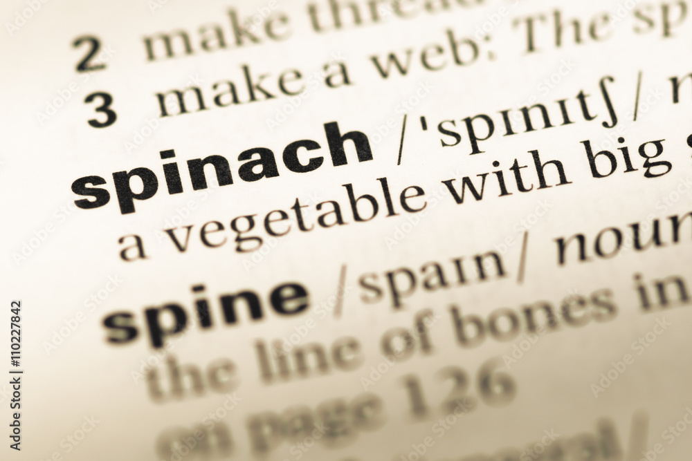 Close up of old English dictionary page with word spinach Close up of old English dictionary page with word spinach