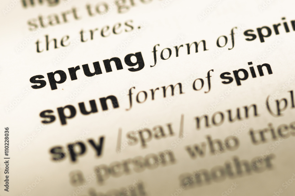 Close up of old English dictionary page with word sprung Close up of old English dictionary page with word sprung