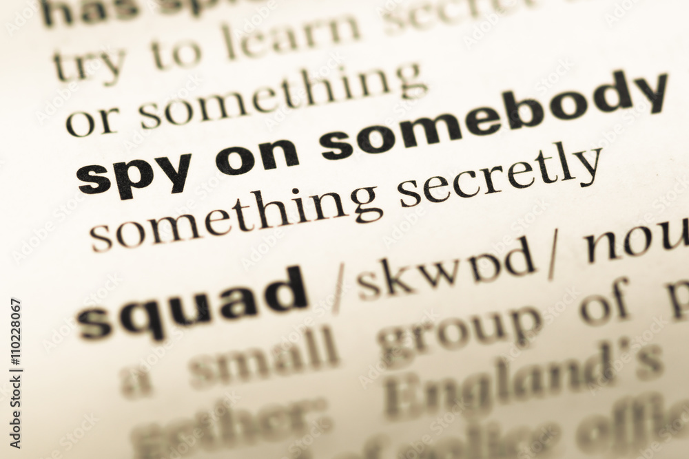Fototapeta premium Close up of old English dictionary page with word spy on