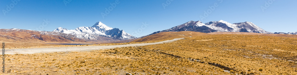 Mountains road  Chacaltaya Huayna Potosi summit snow peaks panorama.
