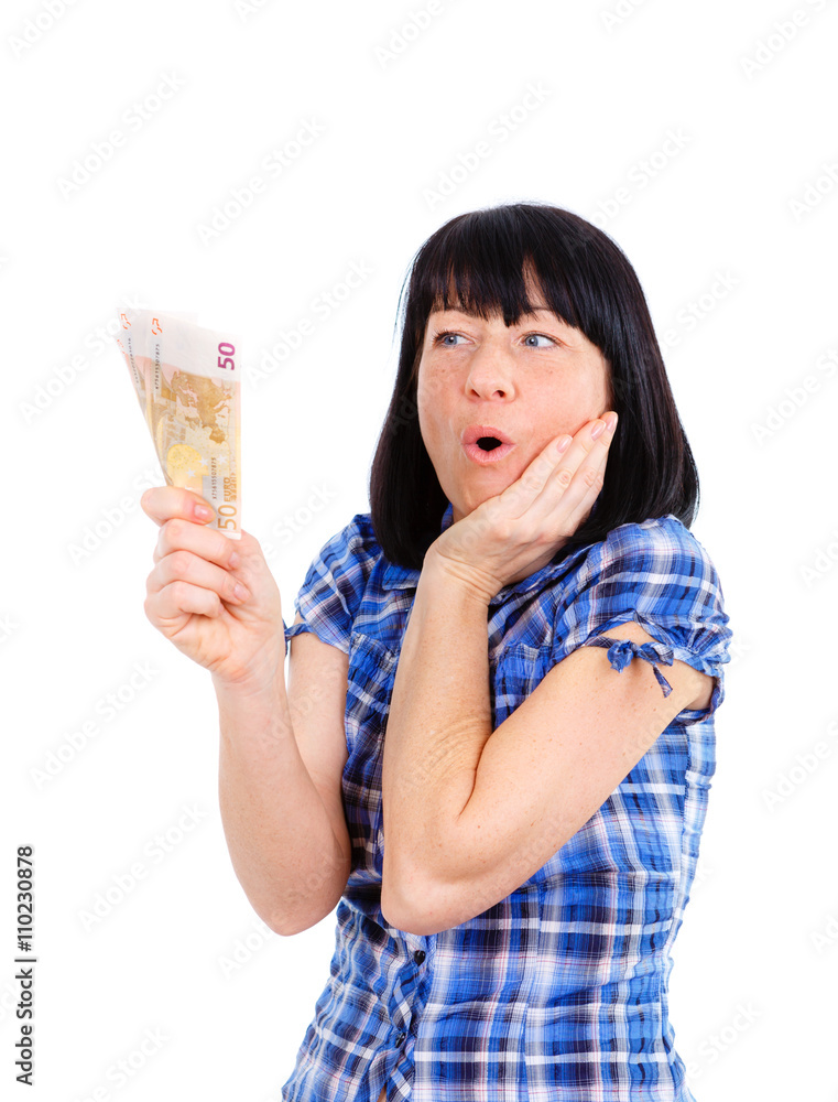 Closeup portrait surprised excited successful woman holding money euro banknotes in hand isolated white background. Positive emotion facial expression feeling. Financial reward savings Closeup portrait surprised excited successful woman holding money euro banknotes in hand isolated white background. Positive emotion facial expression feeling. Financial reward savings