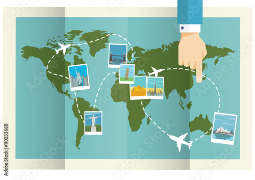 Photography World Map with Flying Planes and Famous Tourism Locations