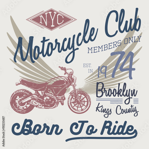 T-shirt typography design, motorcycle vector, NYC printing graphics, typographic vector illustration, New York riders graphic design for label or t-shirt print, Badge, Applique