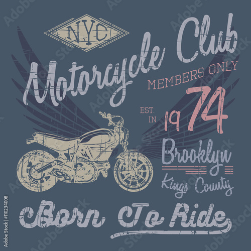 T-shirt typography design, motorcycle vector, NYC printing graphics, typographic vector illustration, New York riders graphic design for label or t-shirt print, Badge, Applique