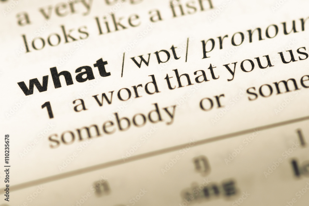 Close up of old English dictionary page with word what Close up of old English dictionary page with word what